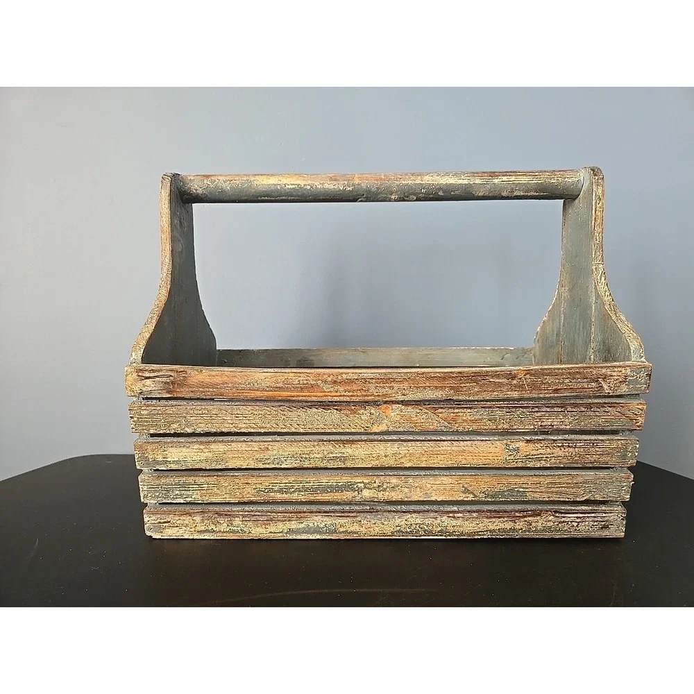 Handmade‎ wood basket farmhouse tramp art wood handle slats rustic primitive